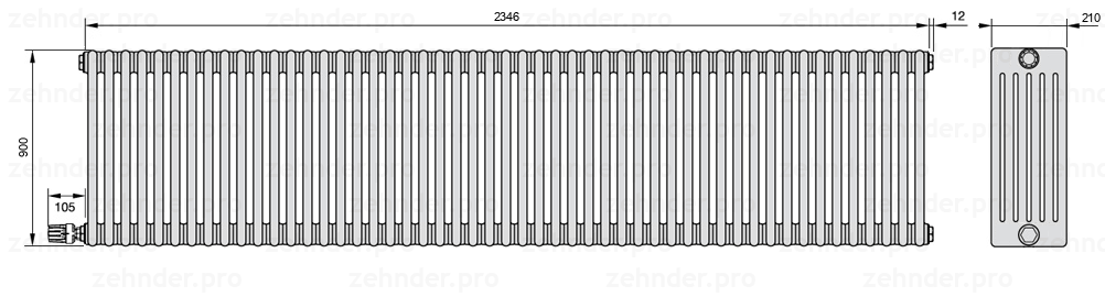 Схема (чертеж) Радиатор Zehnder Charleston 6090/51 №V004 Белый глянцевый RAL 9016